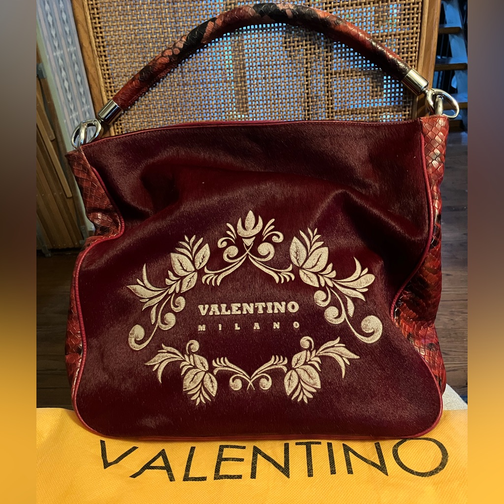 Valentino Hair Calf, Pebble Leather, Python Combo Shoulder Bag With Dustcover